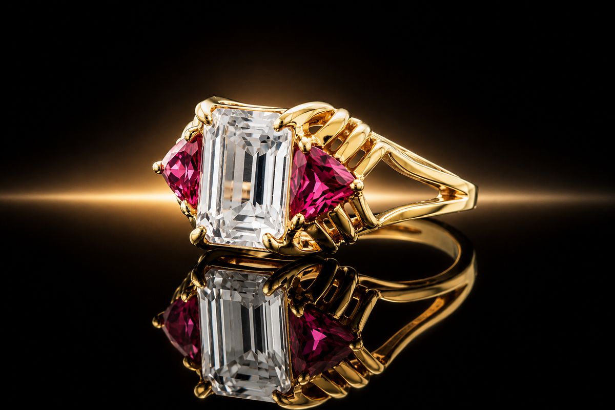 14 kt. Yellow Gold Pink & White Topaz Chevron Style Ring