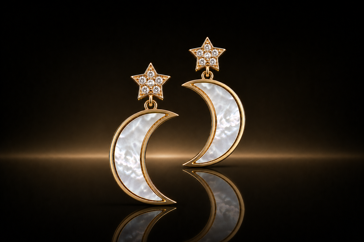 925/14 kt. Yellow Gold Sterling Silver Moon & Stars Mother of Pearl Earrings