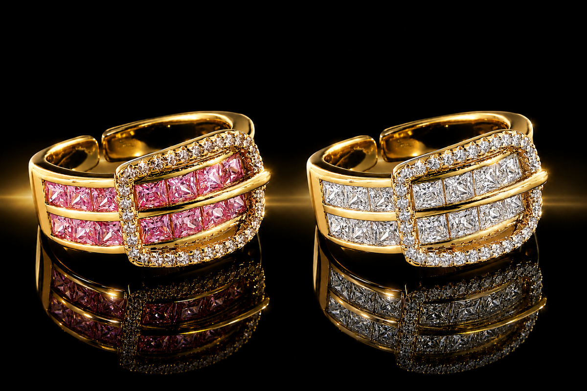18 kt. Yellow Gold Finished Stainless Steel Channel Set Crystal Buckle Ring