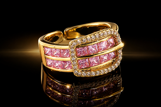 18 kt. Yellow Gold Finished Stainless Steel Channel Set Crystal Buckle Ring