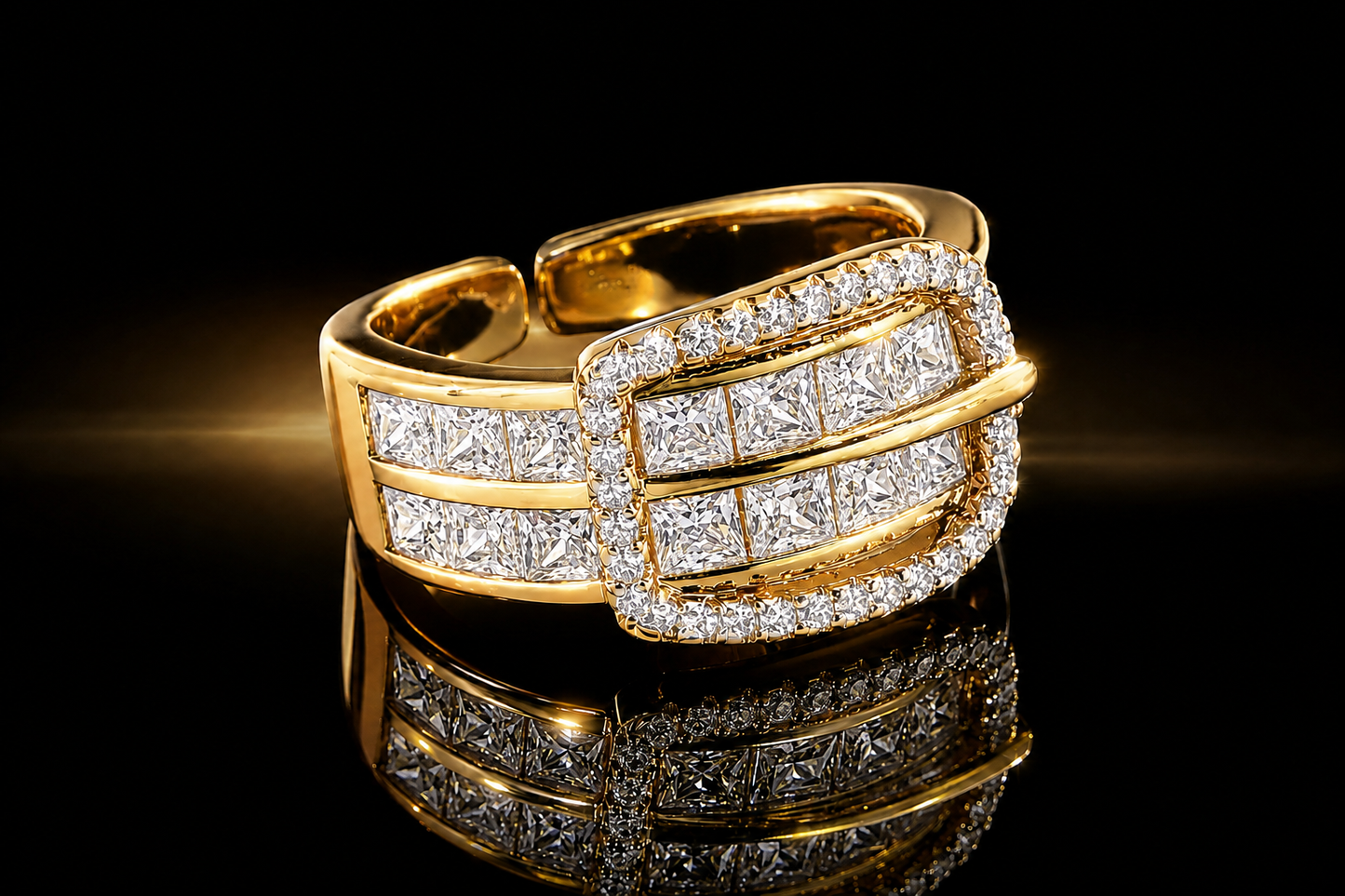 18 kt. Yellow Gold Finished Stainless Steel Channel Set Crystal Buckle Ring