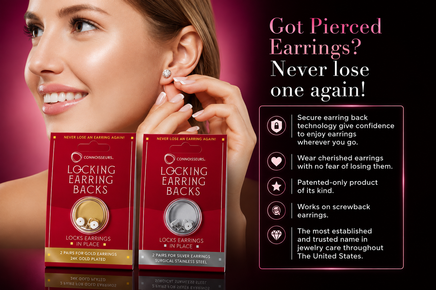 Hypoallergenic Stainless Steel Locking Earring Backs by Connoisseurs (2 Pair)