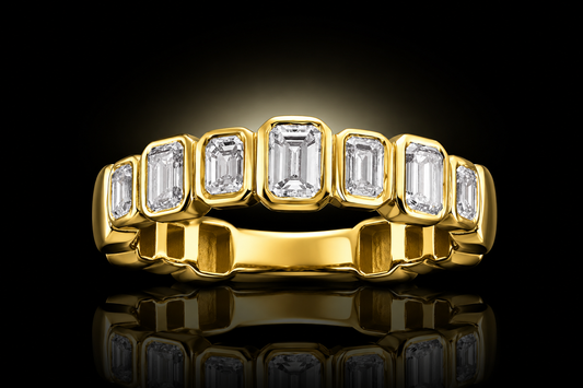 14kt Yellow Gold .81 CTW Staggered Bezel-Set Emerald-Cut Diamond Band by S. Kashi