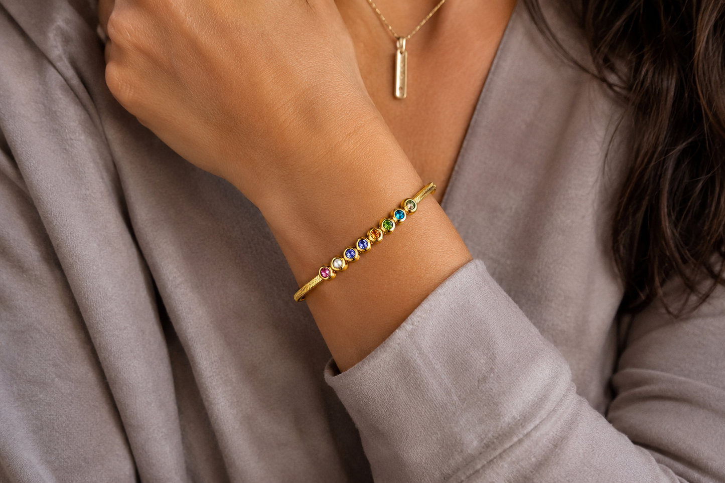 18kt Gold over Titanium Steel Multi-Colored Gemstone & Pearl Station Bracelet