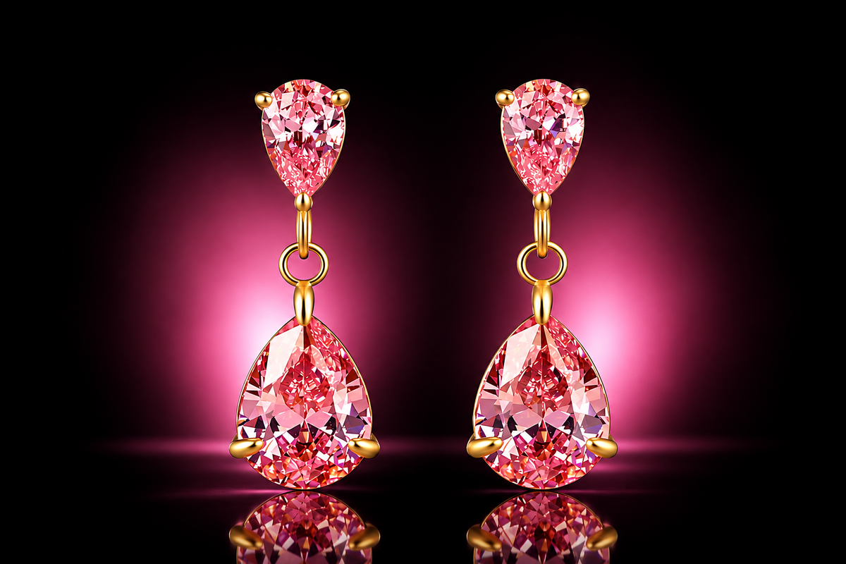 18K Yellow Gold over Titanium Stainless Steel Pink Ice Dangle Earrings, 22mm