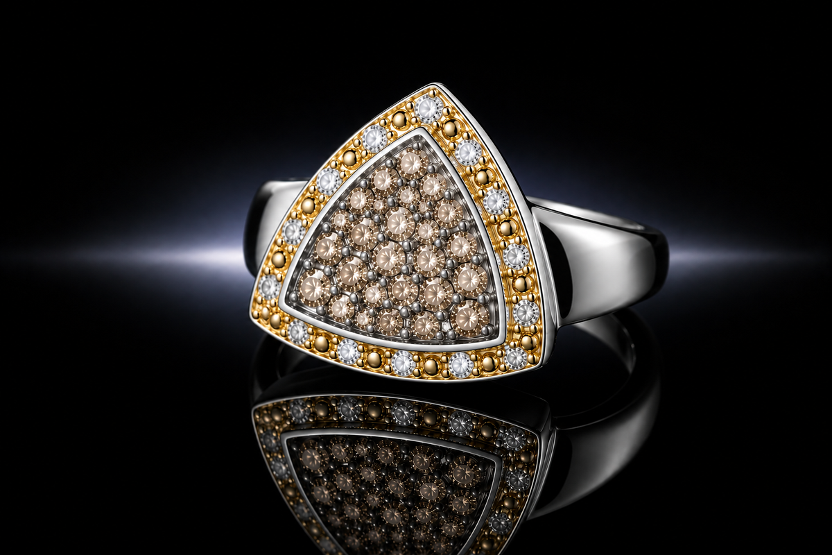 Vintage 14kt White & Yellow Gold Brown & White Diamond Trillion Ring