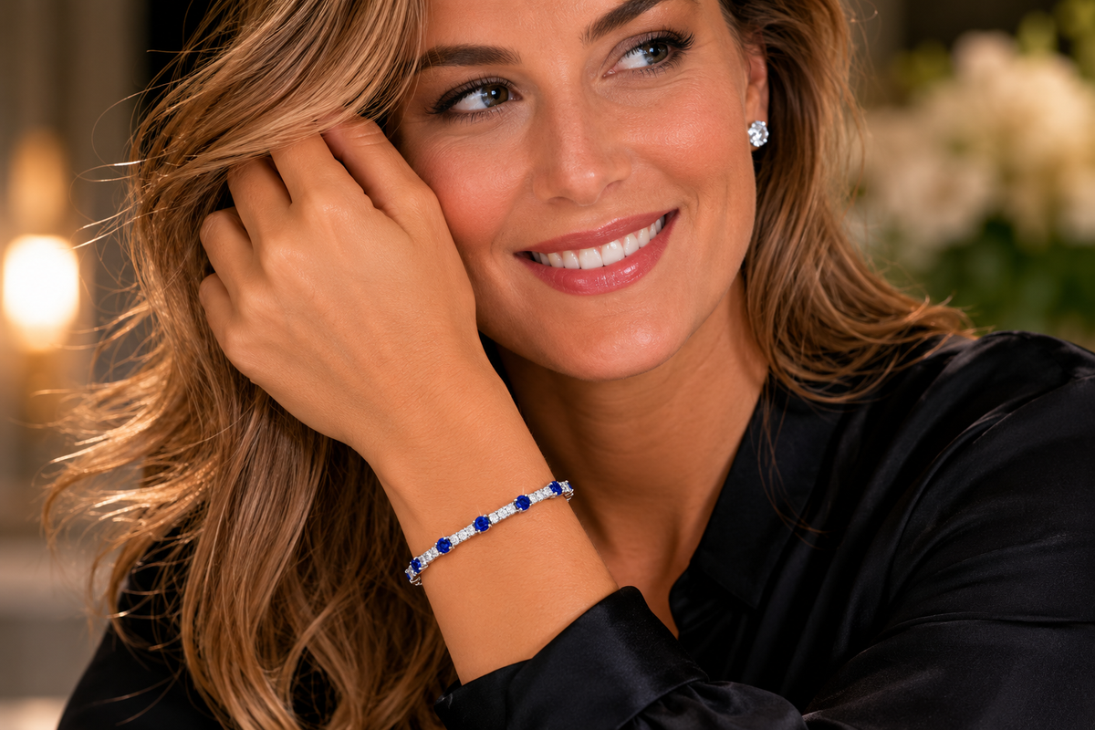 925 Rhodium Finisheh Sterling Silver 3mm LG Blue and White  Sapphire Tennis Bracelet