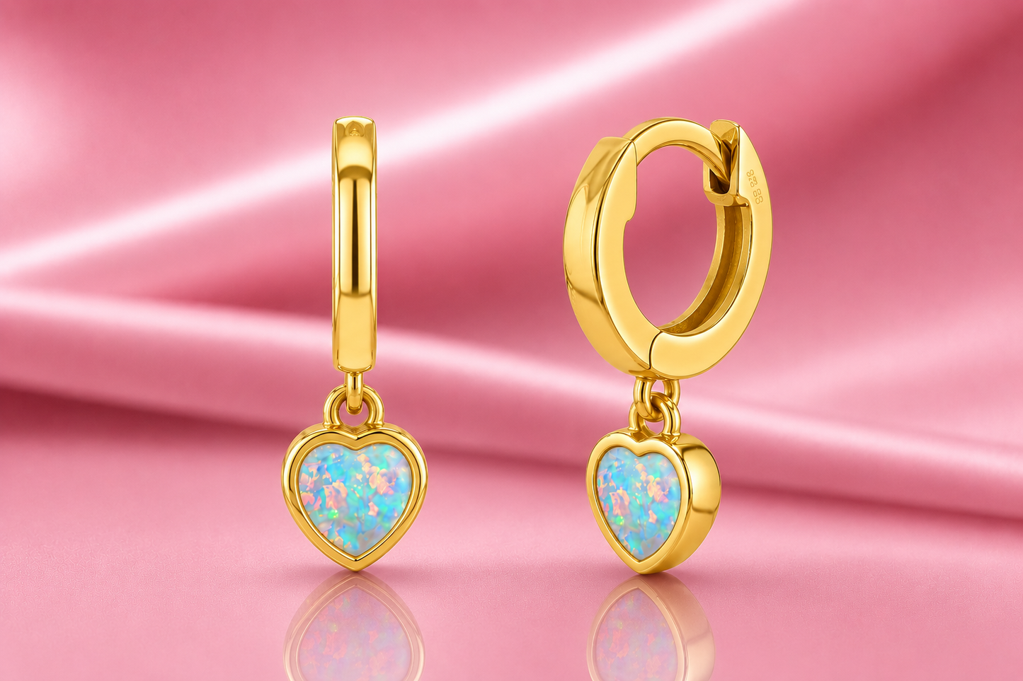 925 Sterling Silver 11mm Opal Heart Dangling Huggie Hoops for Kids