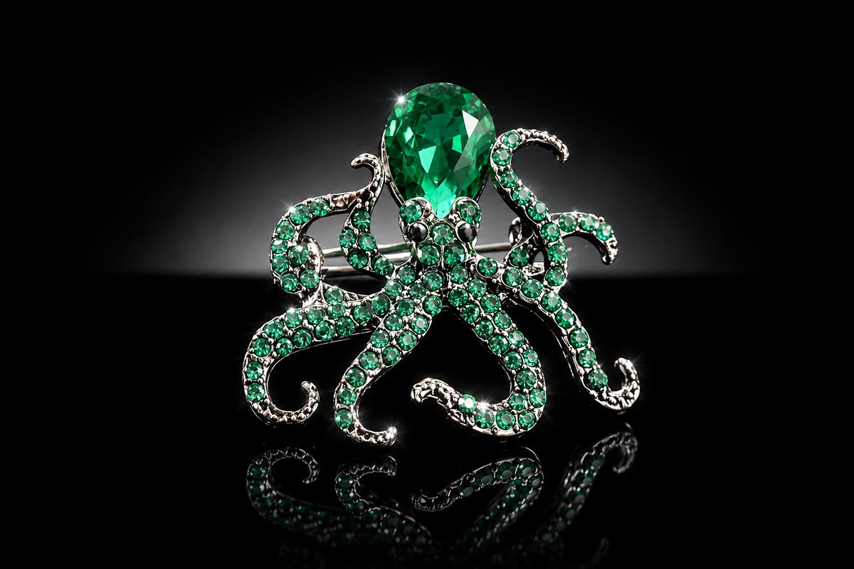 Emerald Green Crystal Octopus Brooch Pin, 33x35mm