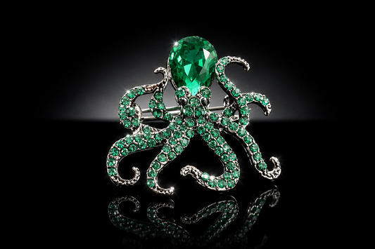 Emerald Green Crystal Octopus Brooch Pin, 33x35mm