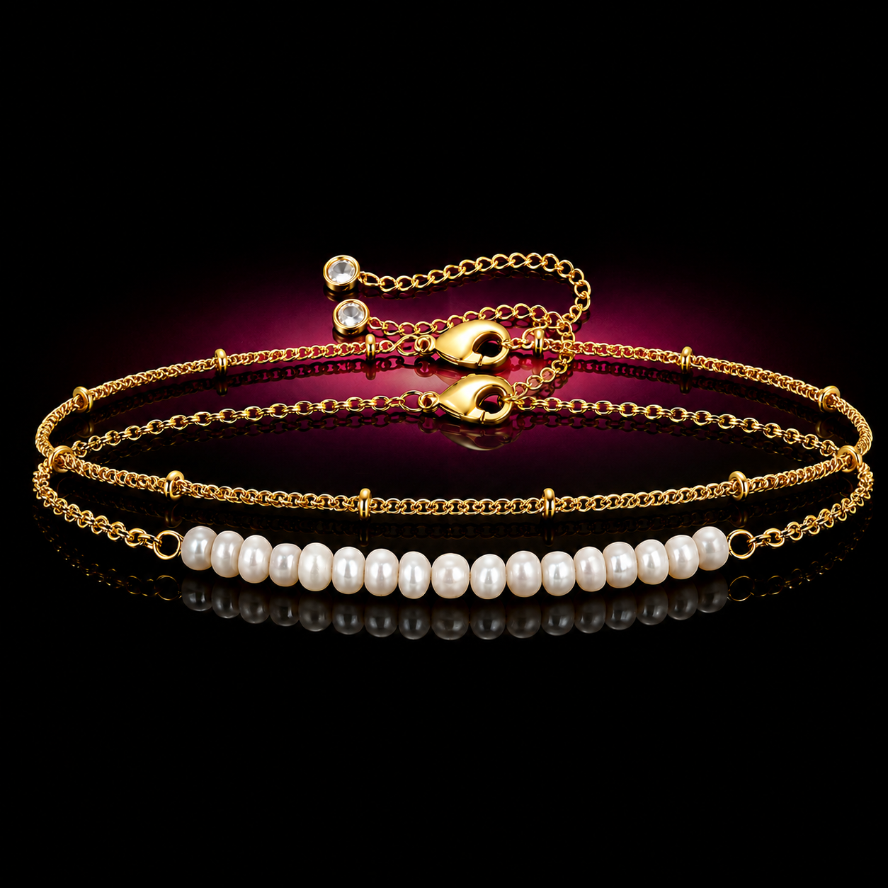 18K Yellow Gold over Titanium Stainless Steel Pearl & Beaded Bracelet Set with Crystal Extender