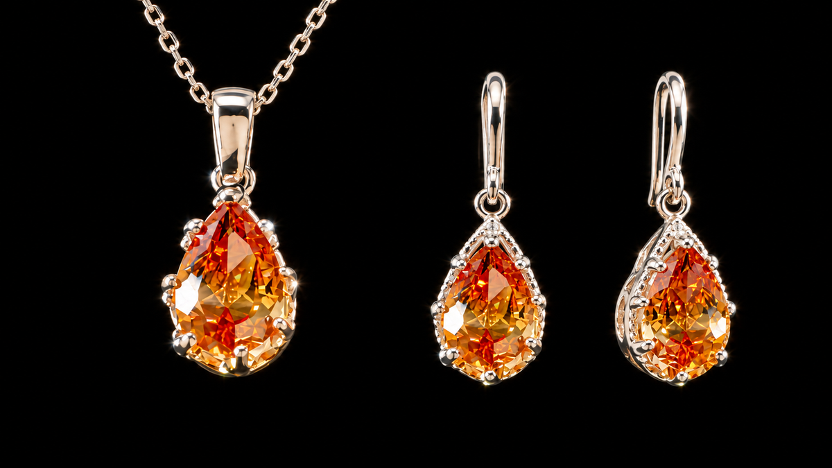 925 Rhodium Sterling Silver 9x7mm Cognac Ice Pendant & Earring Set