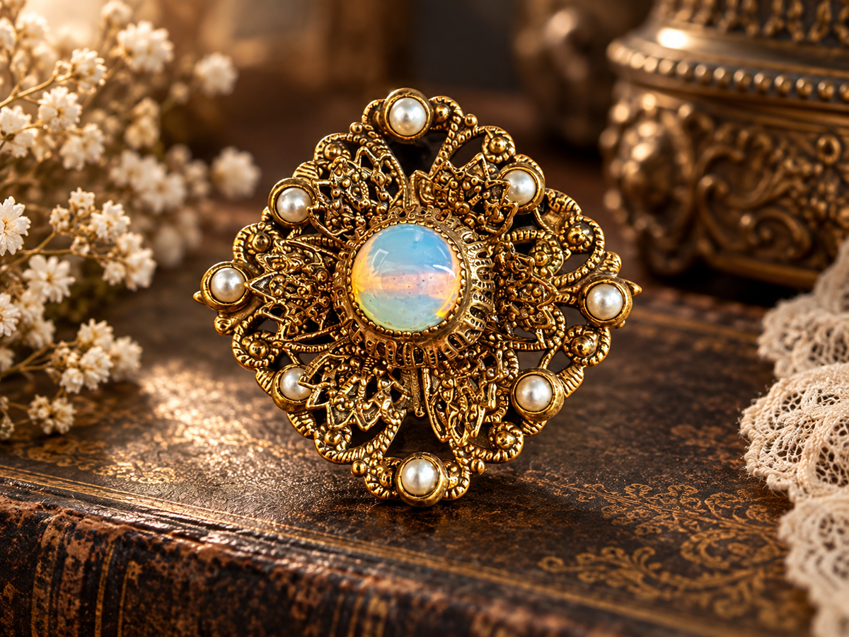 14kt Yellow Gold Plated Vintage Pearl and Gilson Opal Brooch