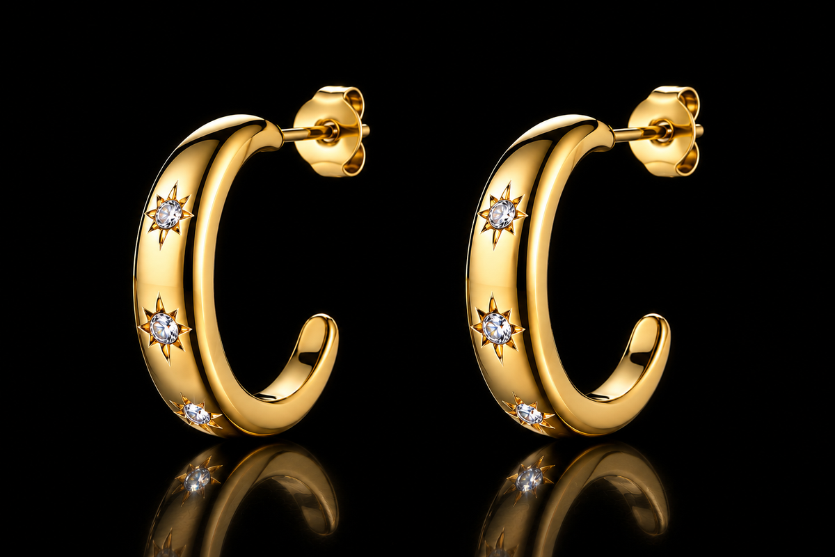 18 kt. Yellow Gold over Titanium Stainless Steel  20 mm Crystal Accented Hoops