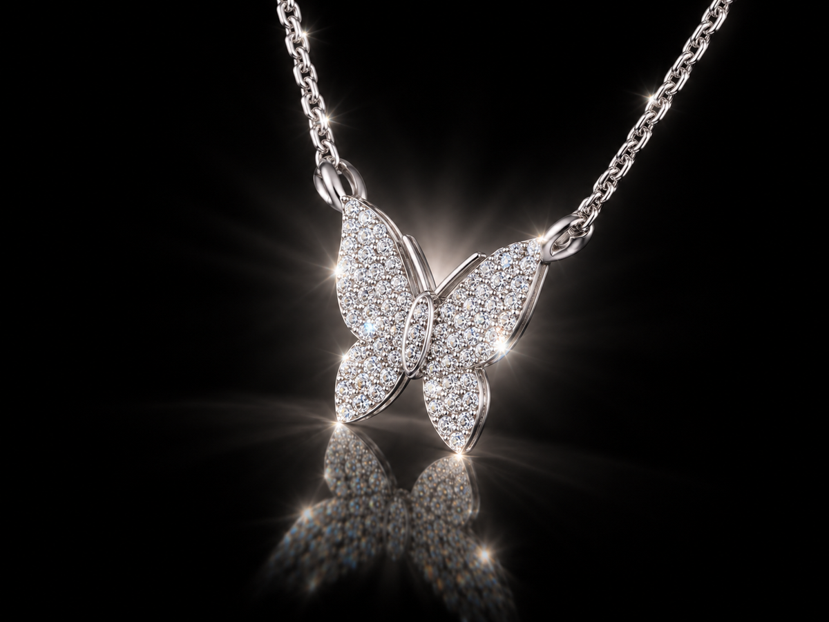 Diamond Butterfly Pendant Necklace – 75 Natural Diamonds in Triple Rhodium Finished Sterling Silver