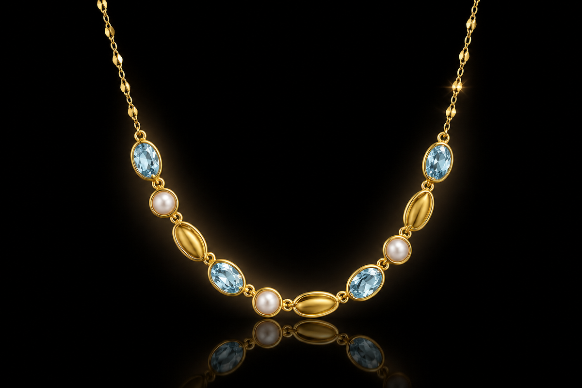Sky Blue Topaz & Freshwater Pearl Necklace – Italian Silver with 14KT Gold Finish