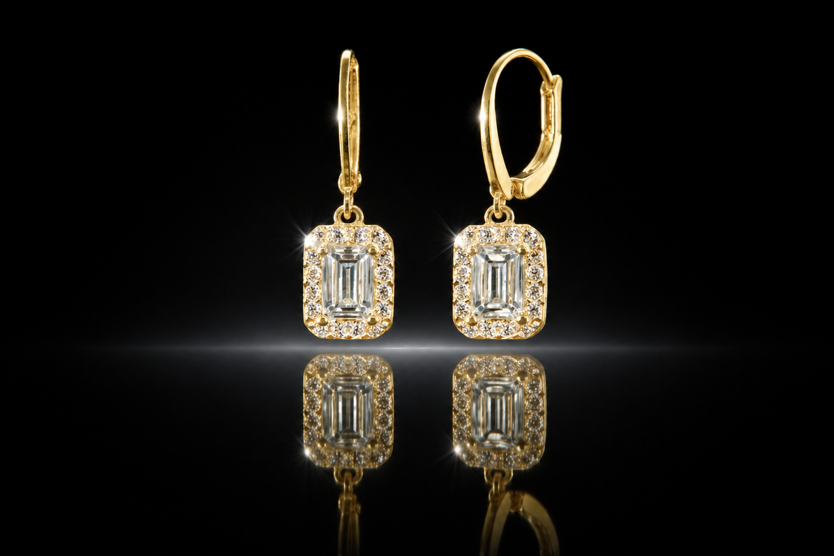 14 kt. Yellow Gold Finished Emerald Cut Lever Back Earrings