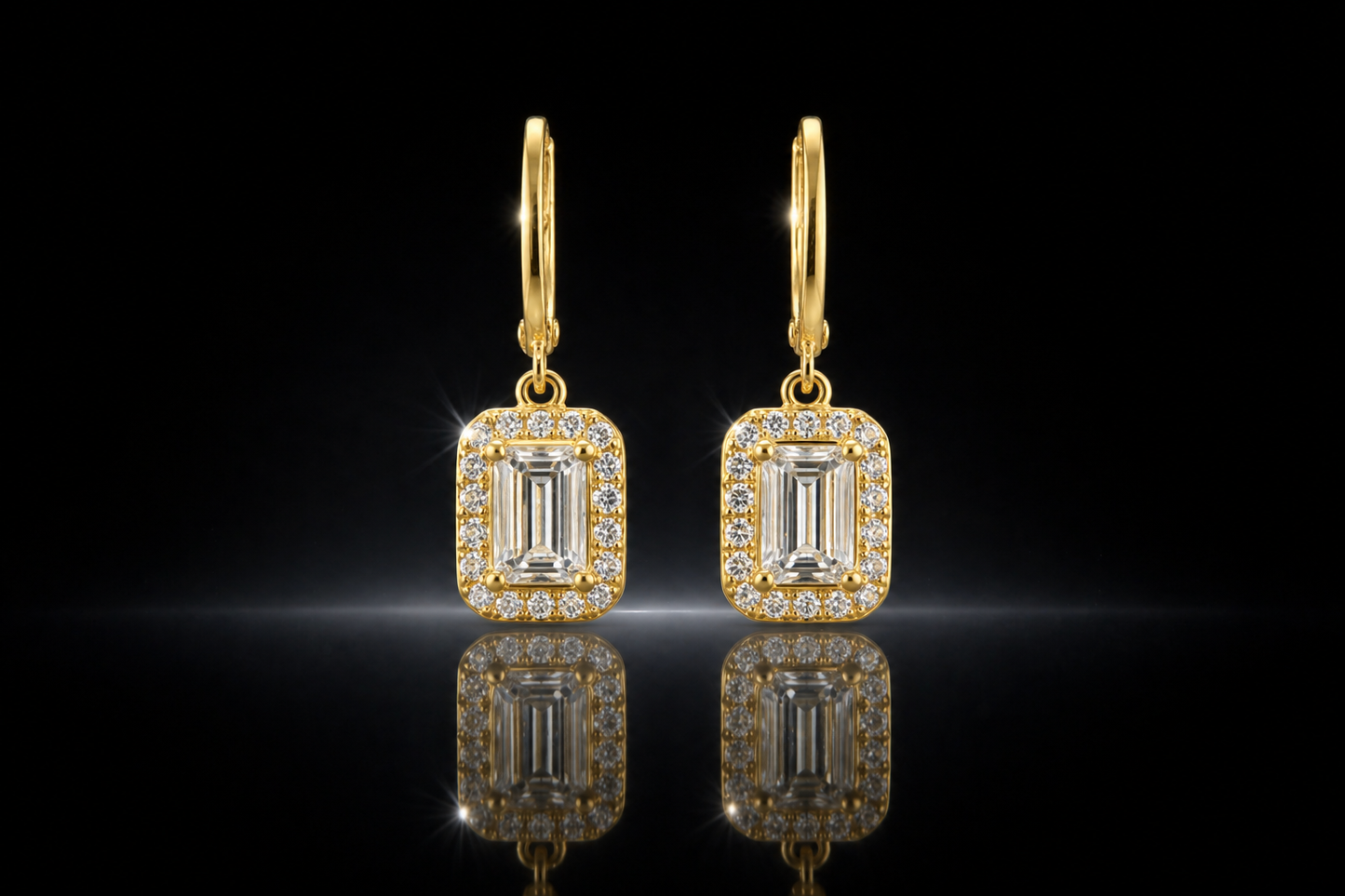 14 kt. Yellow Gold Finished Emerald Cut Lever Back Earrings