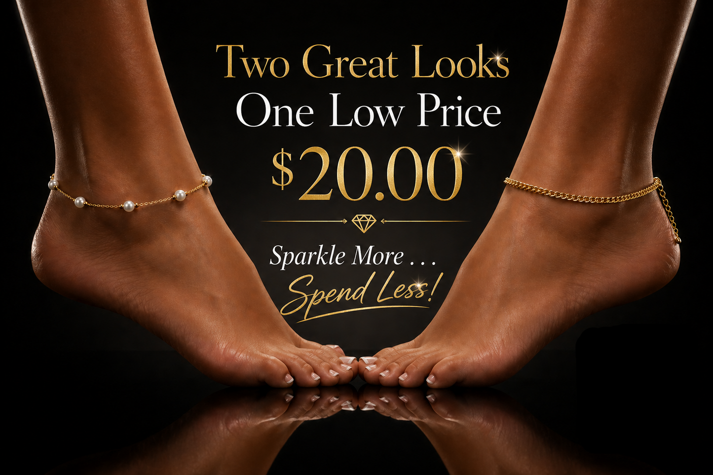 Ankle bracelets on feet with promotional text and QR code on a dark background