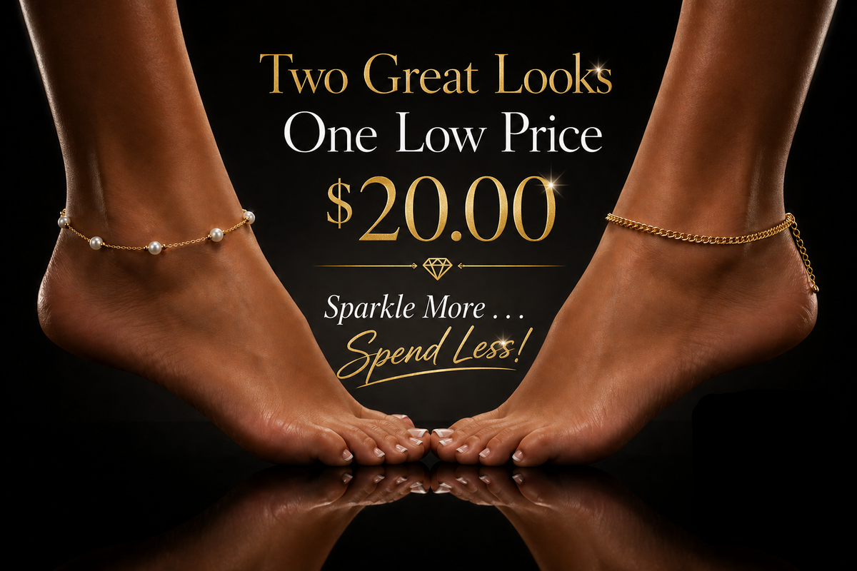 Ankle bracelets on feet with promotional text and QR code on a dark background