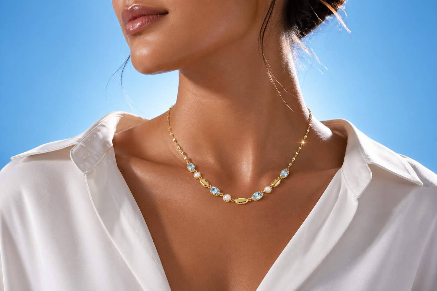 Sky Blue Topaz & Freshwater Pearl Necklace – Italian Silver with 14KT Gold Finish