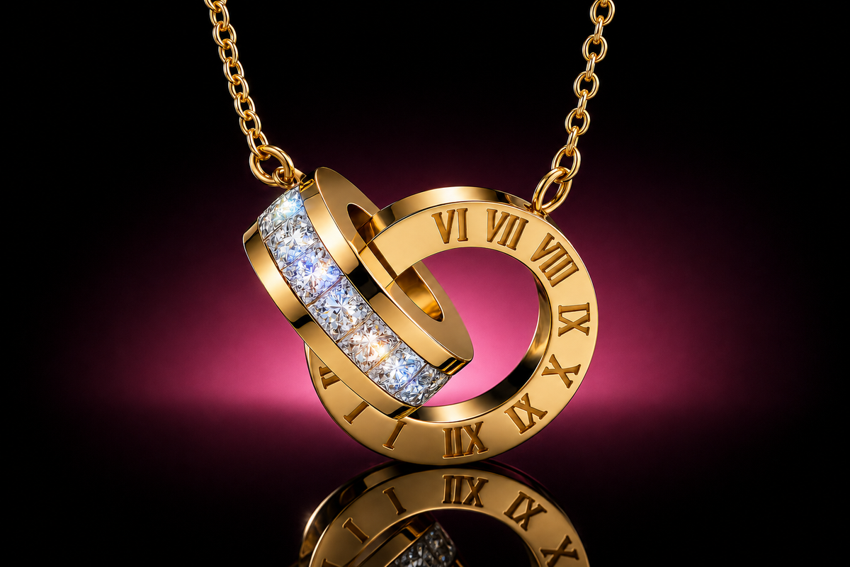 18K Yellow Gold over Titanium Stainless Steel Interlocking CZ Circle Pendant Necklace