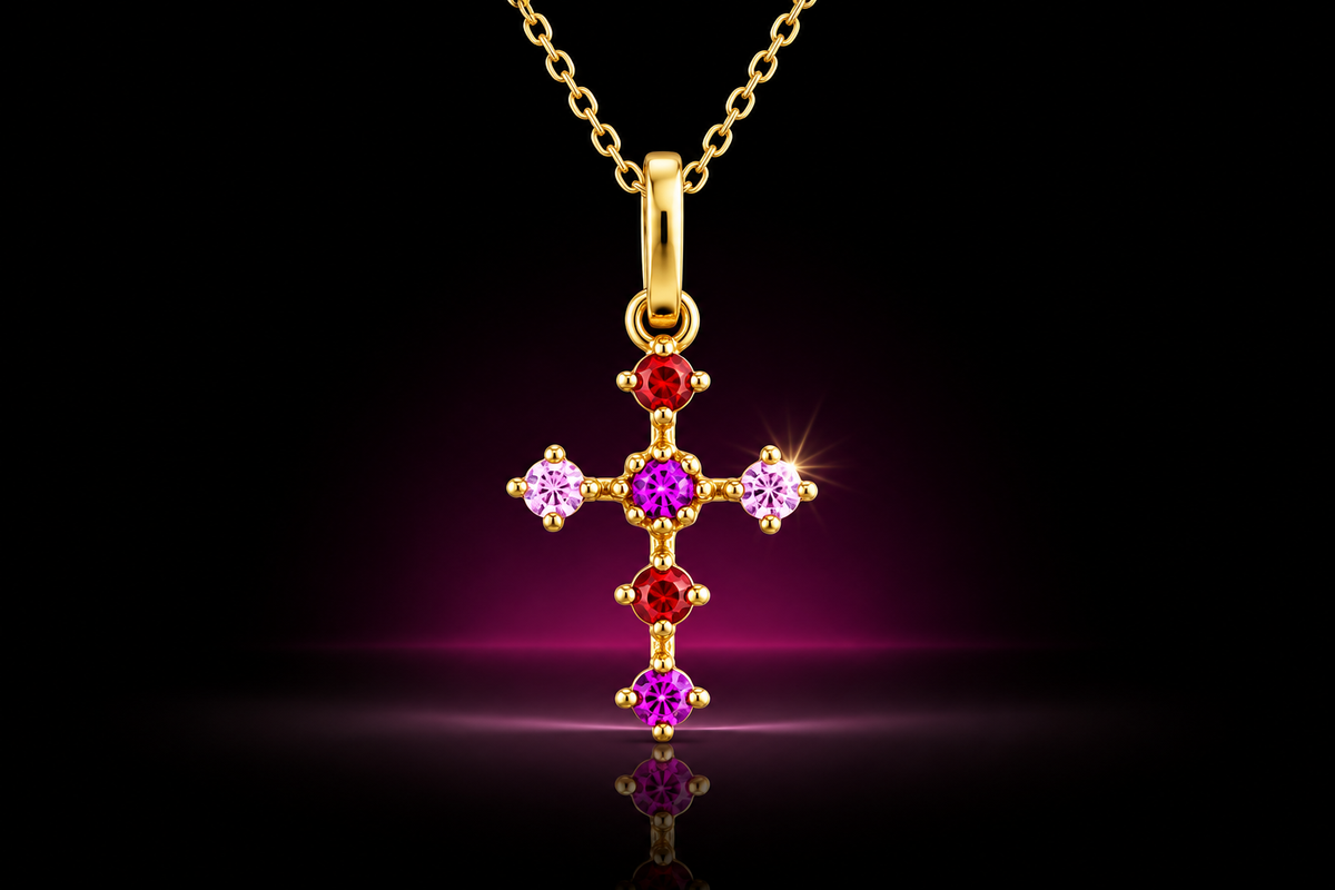 14K Yellow Gold Ruby & Pink Sapphire Cross Pendant Necklace, 16"+2"