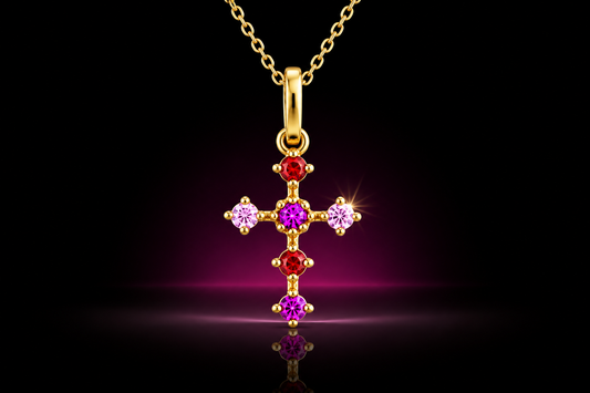 14K Yellow Gold Ruby & Pink Sapphire Cross Pendant Necklace, 16"+2"