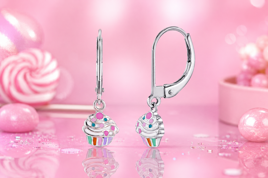 925 Sterling Silver Enamel Cupcake Leverback Earrings