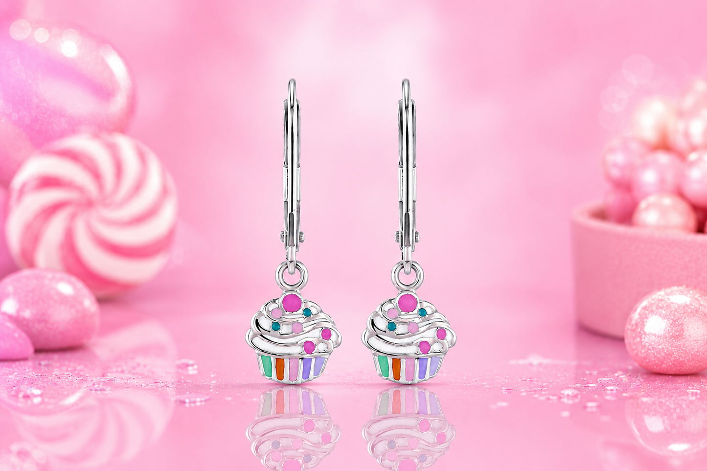 925 Sterling Silver Enamel Cupcake Leverback Earrings