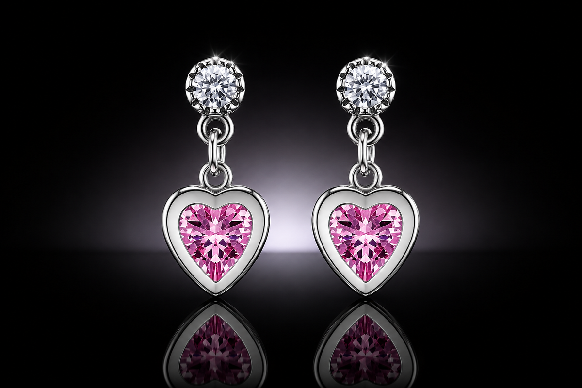 925 Sterling Silver Dangling Pink Heart Screw Back Earrings