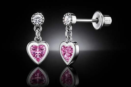 925 Sterling Silver Dangling Pink Heart Screw Back Earrings