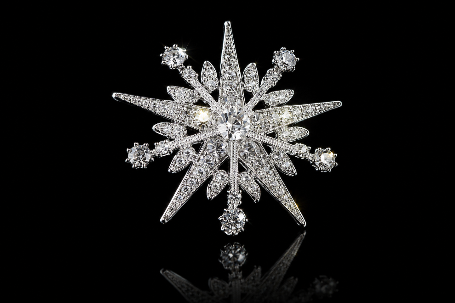Vintage-Style Millgrain Crystal Starburst/Snowflake Brooch, 65mm
