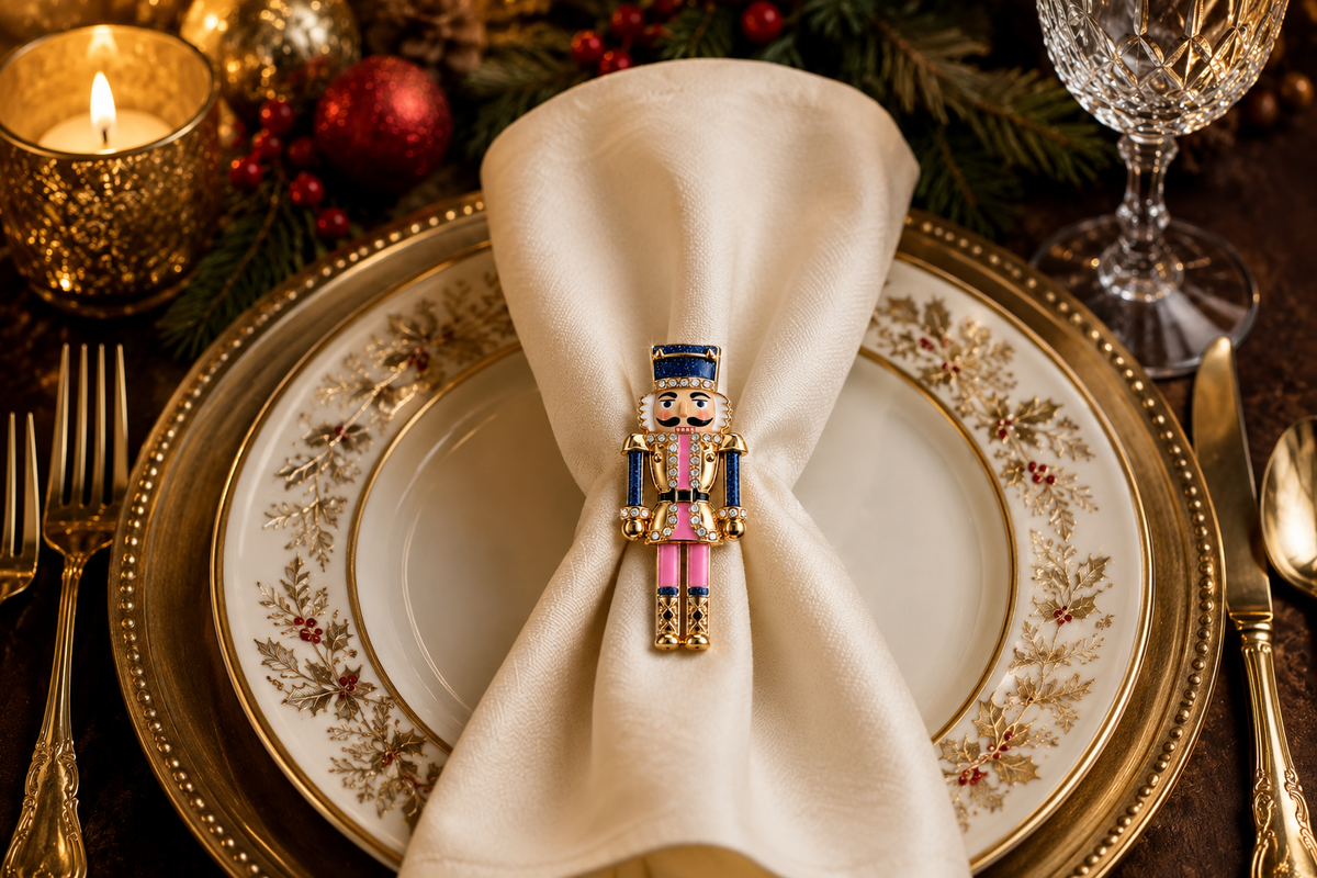 Pink, Blue & Gold Crystal-Accented Nutcracker Brooch, 64x27mm