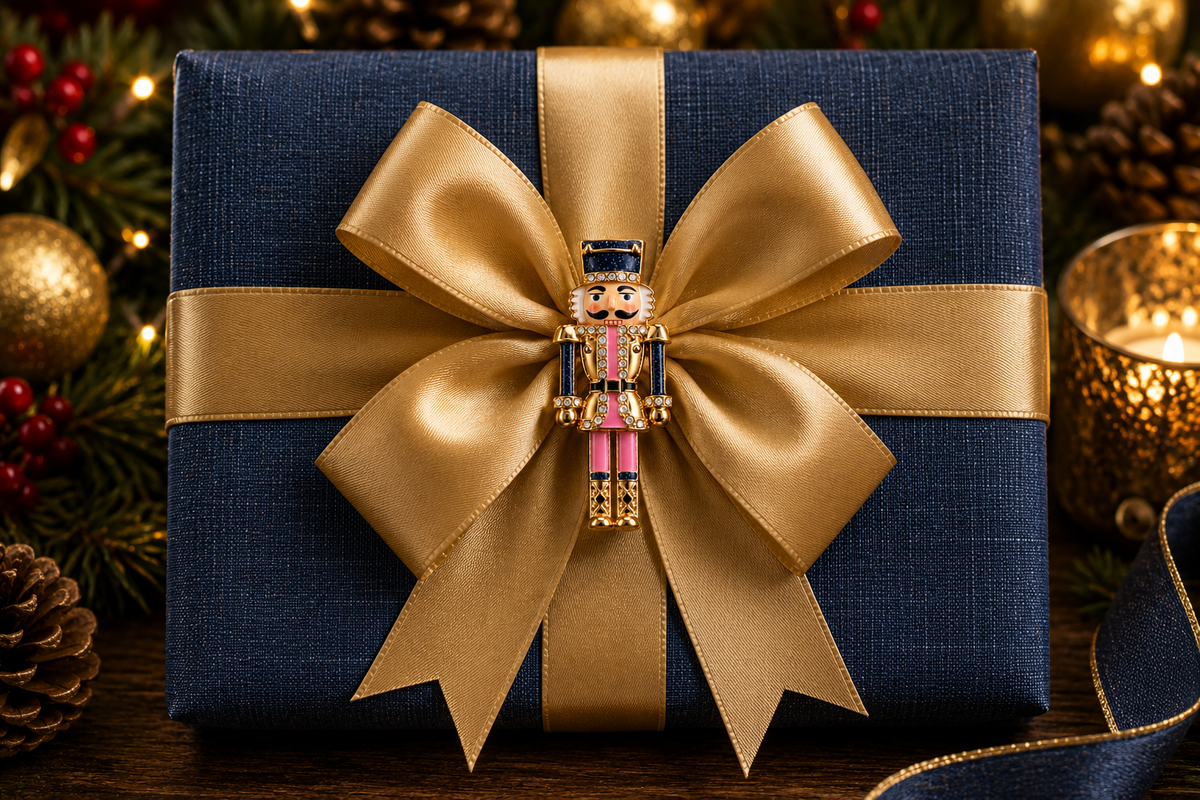 Pink, Blue & Gold Crystal-Accented Nutcracker Brooch, 64x27mm