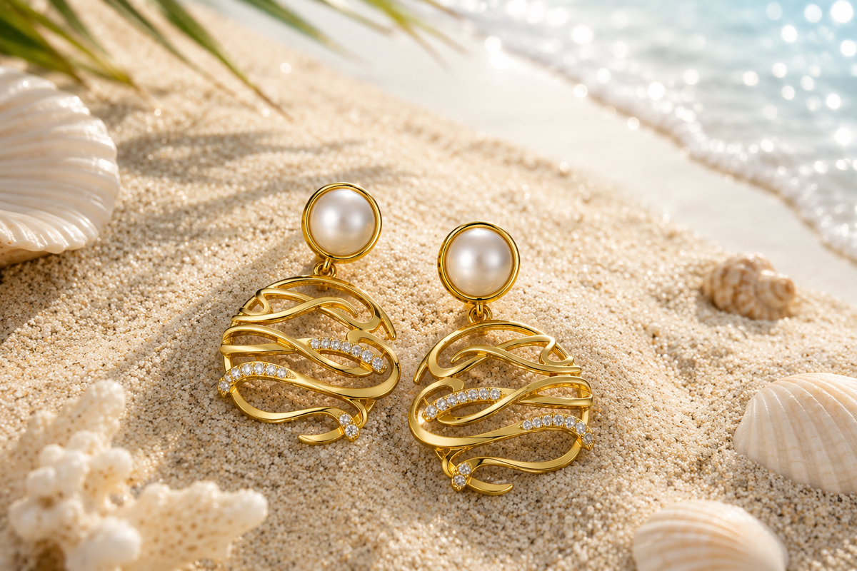 14 kt. Yellow Gold over Silver 5.5 mm Pearl & Sapphire Dangling Wave Earrings