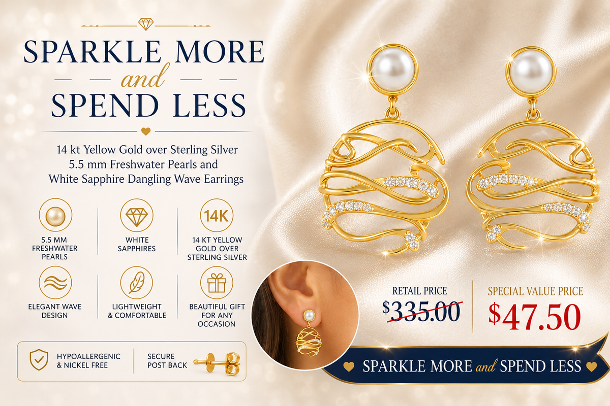 14 kt. Yellow Gold over Silver 5.5 mm Pearl & Sapphire Dangling Wave Earrings