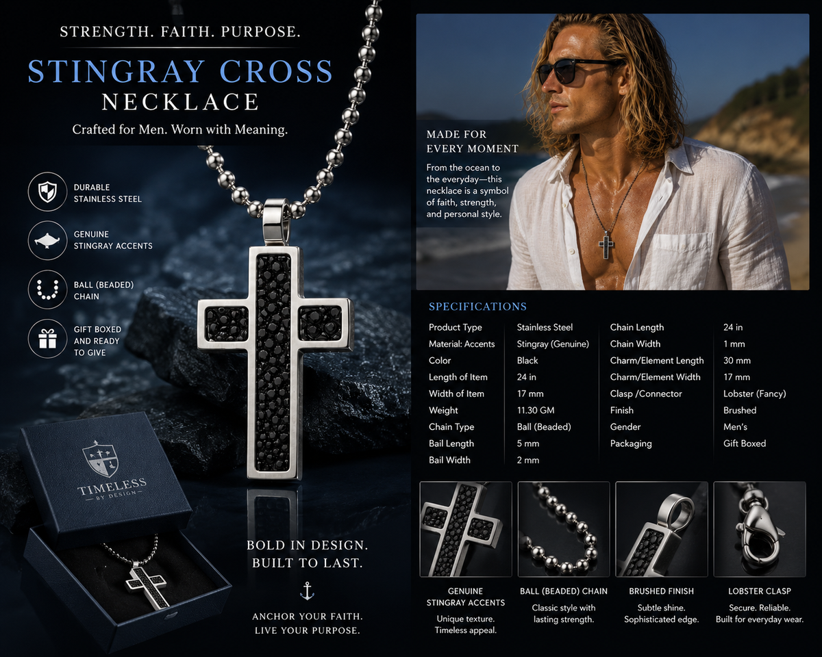 316L Stainless Steel Genuine Stingray 30 mm Cross with 24" Bead Chain