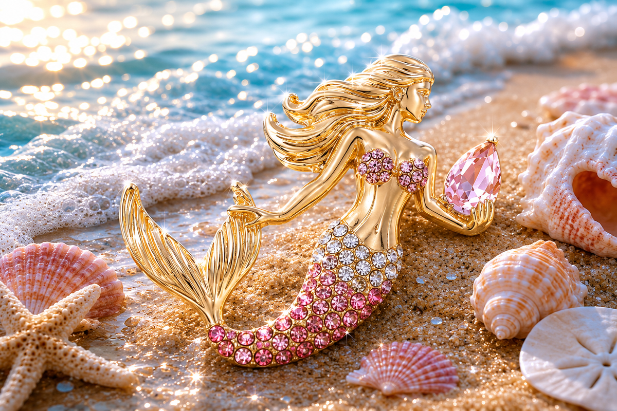 45 mm Pink & White Swarovski Crystal Mermaid Brooch-to-Pendant with FREE 18" Chain