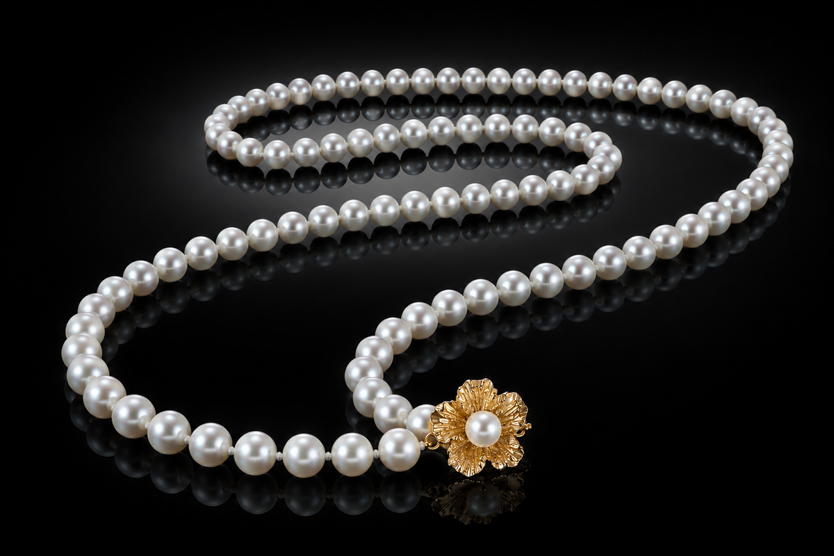 14 kt. Gold 8 mm AAA Quality Genuine Akoya Pearl Necklace – 24" with Hibiscus Clasp