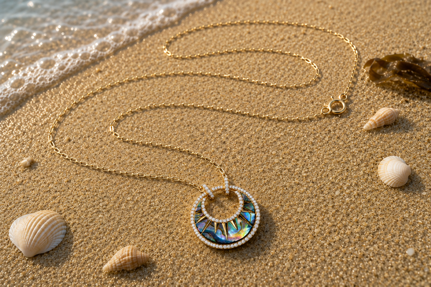 14 kt. Yellow Gold Abalone & Diamond Sunburst Pendant with 18" Adjustable Chain by Bassali