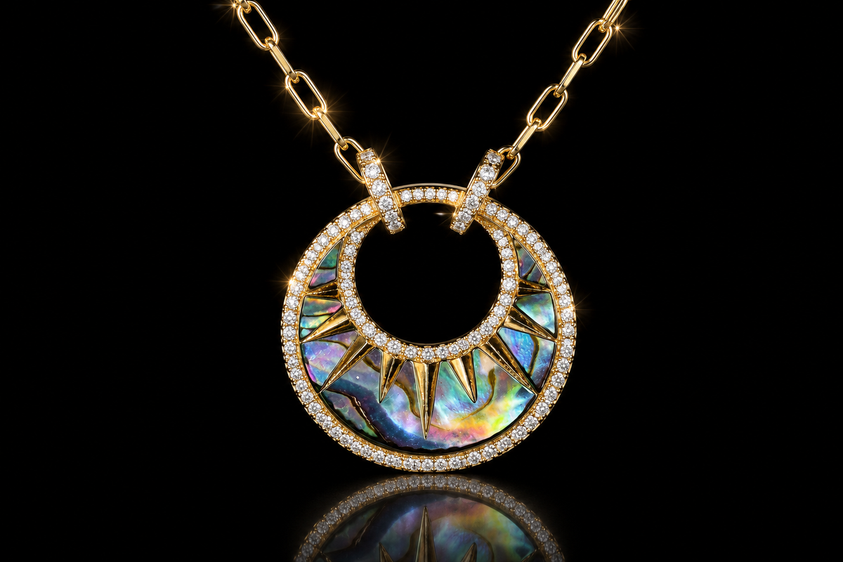 14 kt. Yellow Gold Abalone & Diamond Sunburst Pendant with 18" Adjustable Chain by Bassali