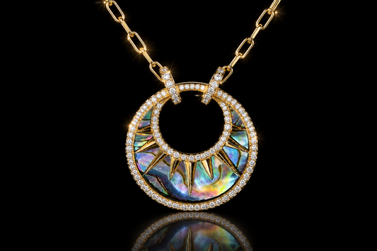 14 kt. Yellow Gold Abalone & Diamond Sunburst Pendant with 18" Adjustable Chain by Bassali