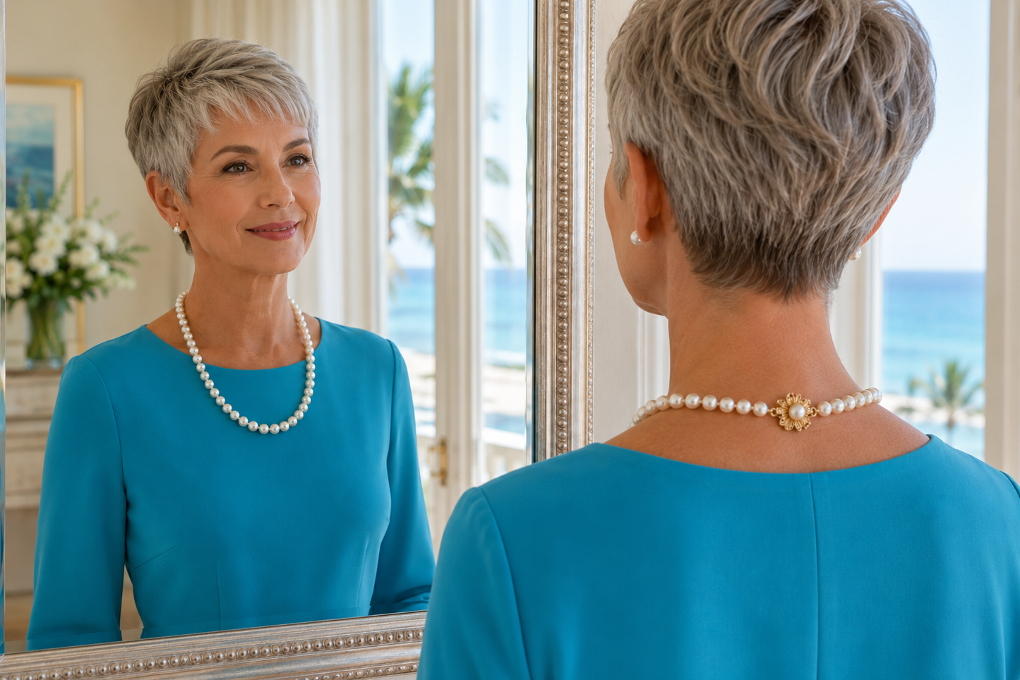 14 kt. Gold 8 mm AAA Quality Genuine Akoya Pearl Necklace – 24" with Hibiscus Clasp