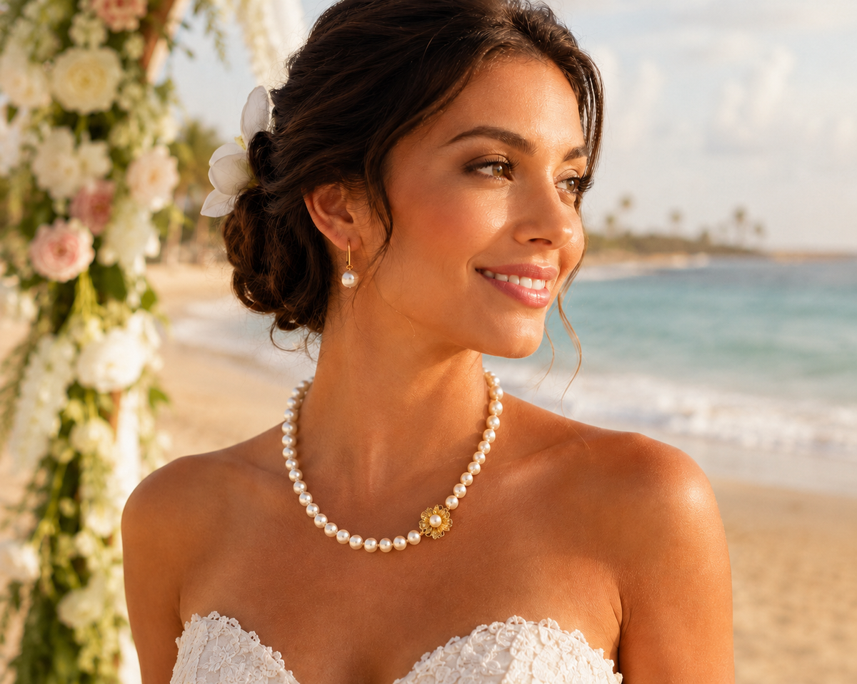 14 kt. Gold 8 mm AAA Quality Genuine Akoya Pearl Necklace – 24" with Hibiscus Clasp
