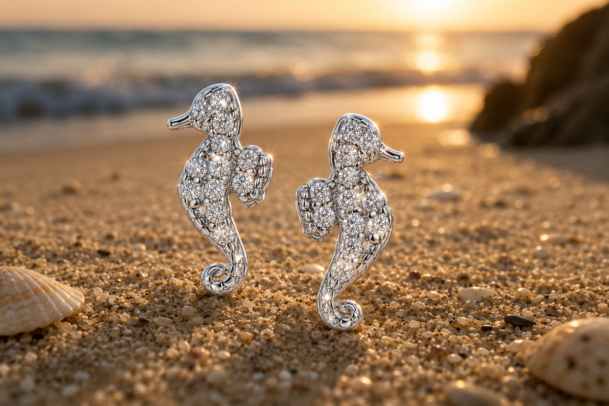 925 Triple Rhodium Finished Sterling Silver LG White Sapphire Pavé Seahorse Stud Earrings