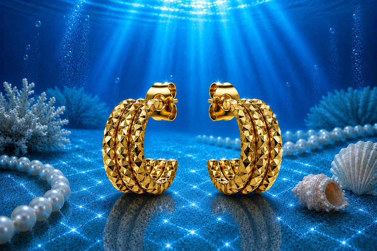18 kt. Yellow Gold Over Titanium Stainless Steel 15 mm Diamond-Cut Triple Row Huggie Earrings