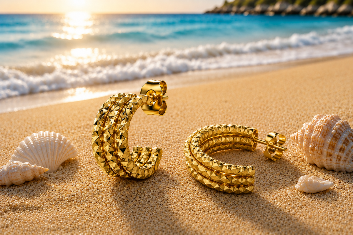 18 kt. Yellow Gold Over Titanium Stainless Steel 15 mm Diamond-Cut Triple Row Huggie Earrings
