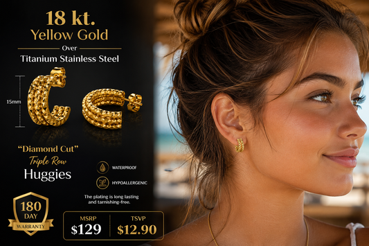 18 kt. Yellow Gold Over Titanium Stainless Steel 15 mm Diamond-Cut Triple Row Huggie Earrings