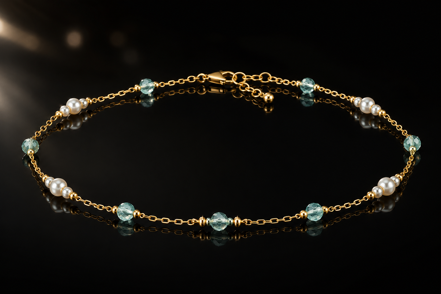 14 kt./Rhodium Freshwater Pearl & Aquamarine Station Anklet in Stainless Steel
